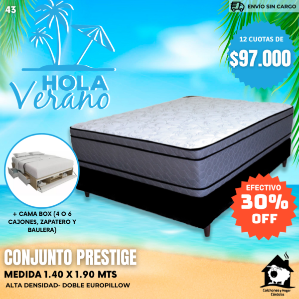 Conjunto Prestige Omega 140x190x33 + Cama Box Prestige (4 o 6 cajones, zapatero y baulera)